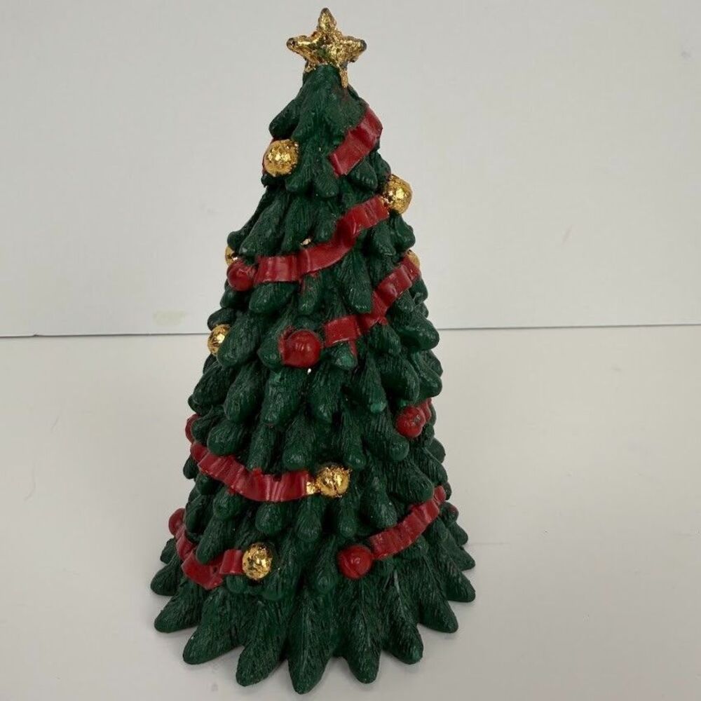 Vintage Enesco Christmas Tree with Red Ribbon & Gold Ornaments 6" Figurine